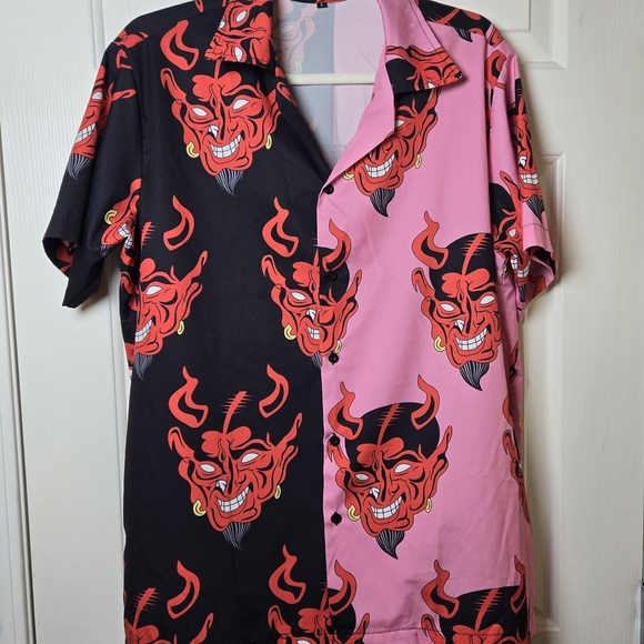 Hawaiian Devil Button Down Shirt Black & Pink Casual BOLD HARAJUKU STREETWEAR LG - Picture 16 of 17